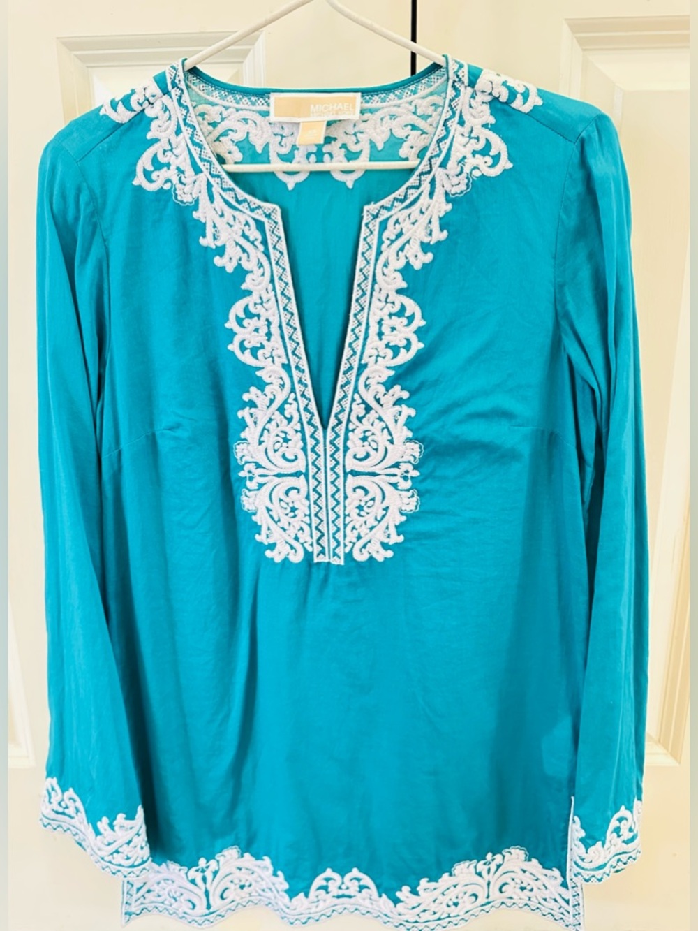 MICHAEL Michael Kors Turquoise Embroidered Long-Sleeve Cotton Tunic Size XS